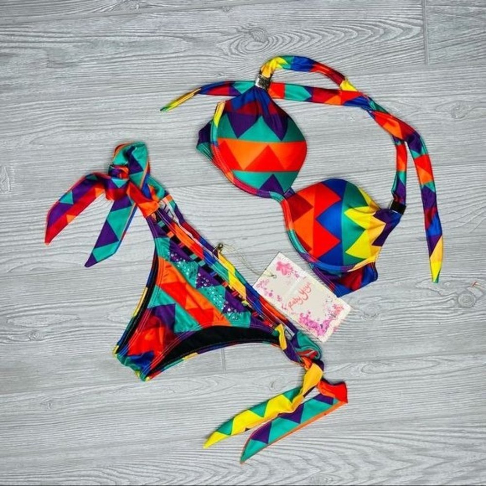 Nwt ruby yaya rainbow chevron zulu cutout bikini swimsuit small swimwear bathing